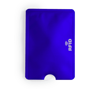 A blue RFID card holder with a sleek design, featuring a cut-out section for easy access to cards.