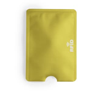 A yellow Becam Card Holder with an RFID feature, designed for storing cards securely.