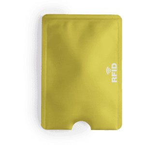 A yellow RFID card holder with a slot at the bottom and a branding logo.