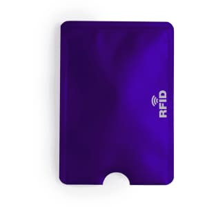 A purple RFID card holder with a rounded cutout at the bottom and a branding logo on the front.