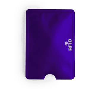 A purple RFID card holder with a smooth finish and a cutout for easy access. It features a logo on the front.