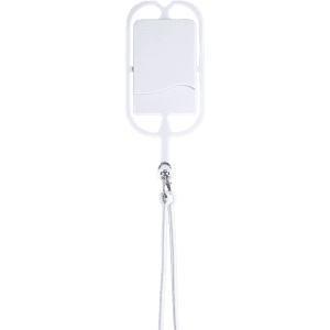 A white Veltux lanyard with a rectangular cardholder and a metal attachment for secure use at events.