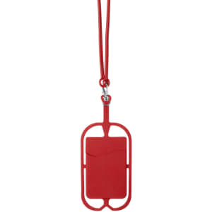 A red lanyard with a rectangular holder, featuring a pocket for identification or cards.