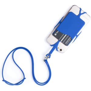 A blue lanyard attached to a phone holder, featuring a card pocket, ideal for convenient accessibility.