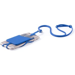 A blue lanyard designed to hold a phone and a cardholder securely together.