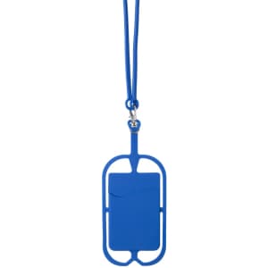 A blue lanyard with a card holder attached, featuring a simple design and a slot for identification.