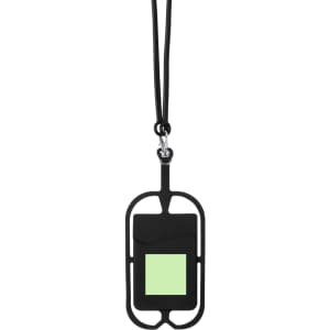 A black lanyard with a cardholder featuring a green insert. It has a branding logo on the holder.