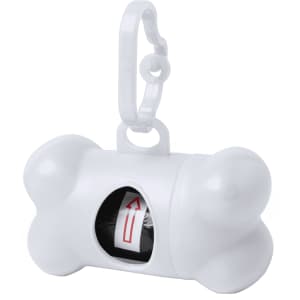 A white bone-shaped waste bag dispenser with a clip, featuring a roll of black waste bags inside.