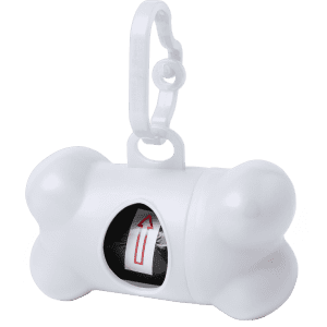 A white bone-shaped waste bag dispenser with a clip, featuring a roll of waste bags inside.