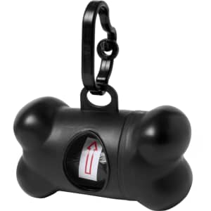 A black bone-shaped waste bag dispenser with a clip for attachment. It includes an opening for bag access.