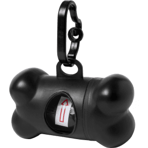 A black bone-shaped waste bag dispenser with a clip, featuring an opening for easy access to bags.