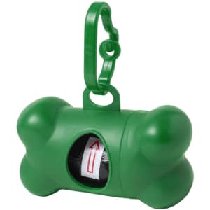 A green bone-shaped waste bag dispenser featuring a clip for easy attachment and a visible roll of bags inside.
