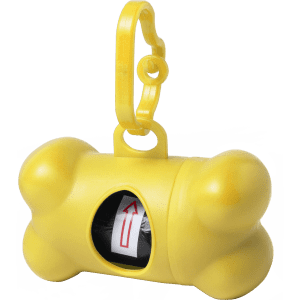 A yellow bone-shaped waste bag dispenser with a clip and an opening for accessing bags. It features a logo.