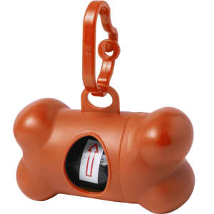 An orange bone-shaped waste bag dispenser with a clip, featuring a roll of waste bags inside.
