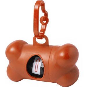 An orange bone-shaped waste bag dispenser with a hook for attaching to leads or bags. It includes a visible roll of waste bags inside.