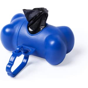 A blue bone-shaped waste bag dispenser with a black bag partially pulled out and a clip for attachment.