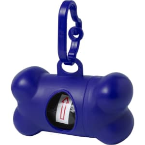 A purple bone-shaped waste bag dispenser with a clip for attachment and a visible roll of bags inside.