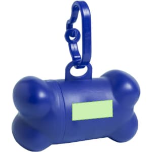 A blue bone-shaped waste bag dispenser with a clip for easy attachment. It has a blank area for potential labelling.