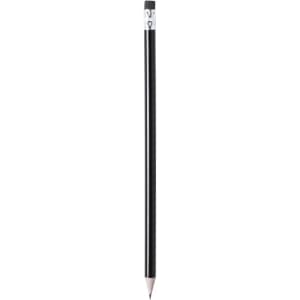 A grey-lead pencil with a black casing and a metallic ferrule at the top. It has a branding logo.