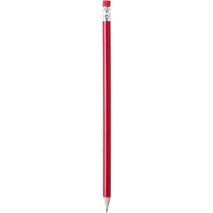 A grey-lead pencil with a red barrel and a silver ferrule at the top. It features a logo on the ferrule.
