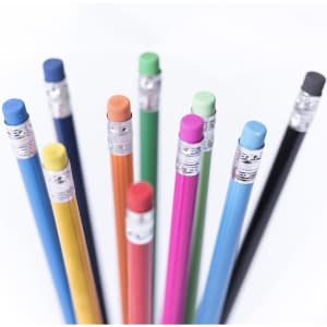 A selection of grey-lead pencils in various vibrant colours, each with a metal ferrule and eraser on top.