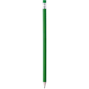 A green grey-lead pencil with a sharpened tip and a branding logo near the top.