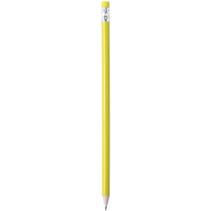 A grey-lead pencil with a yellow body and a silver ferrule at the top.