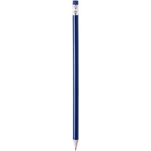 A blue grey-lead pencil with a silver ferrule, featuring a branding logo at the top.