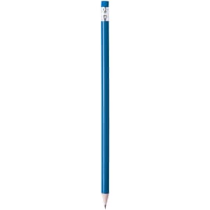 A blue pencil with a silver-coloured ferrule and a sharpened tip. It features a logo at the top.