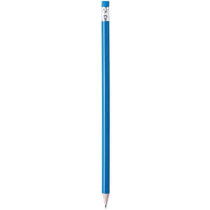 A blue pencil with a silver end and a branding logo, featuring a grey lead tip.