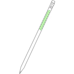 A grey lead pencil with a green accent and a logo, featuring a sleek design and pointed tip.