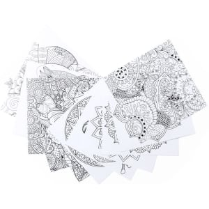 A collection of white sheets featuring intricate black and white mandala designs for colouring.