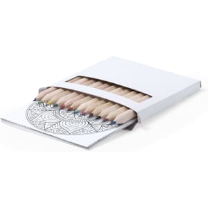 A set of coloured pencils in a white box, featuring a mandala design on the top sheet.