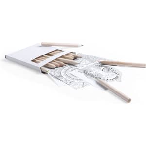 A set of coloured pencils in a box with several mandala design sheets partially pulled out.