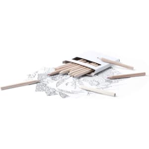 A set of brown-tipped coloured pencils with a box, arranged around intricate mandala colouring sheets.