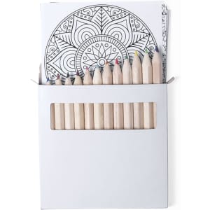 A boxed set of coloured pencils with a mandala colouring page peeking out. The pencils are unsharpened and wooden.