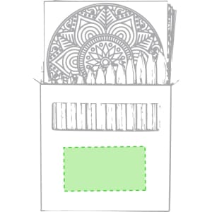 A box containing coloured pencils in various shades alongside mandala-themed drawing sheets. It features a logo.