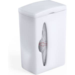 A white waste bag dispenser with a sleek design and an opening for easy access to bags. Features a logo.