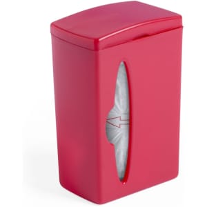 A red waste bag dispenser with a side opening, containing rolled waste bags inside.