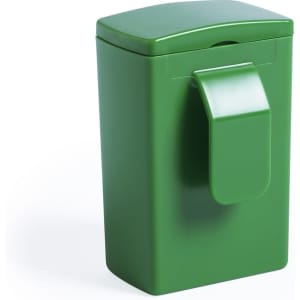 A green waste bag dispenser with a lid and a handle, designed for easy access and storage.