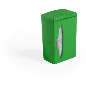 A green waste bag dispenser featuring a side opening and a smooth finish. It includes a logo on the front.