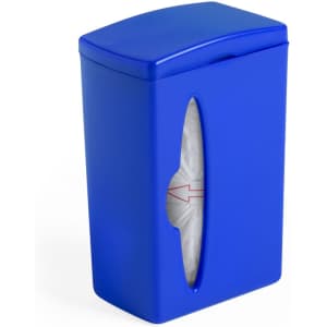 A blue waste bag dispenser with a curved opening, designed for easy access to waste bags.
