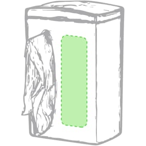 A waste bag dispenser in a grey and green design, featuring a single bag partially pulled out from the front.