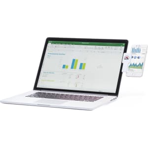 A laptop with a spreadsheet displayed and a phone holder attached, designed for holding a smartphone.