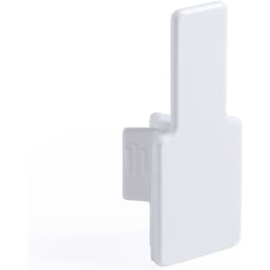 A white phone holder featuring a simple design, suitable for mounting devices securely. It has a branding logo.