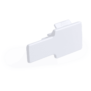 A white phone stand with a simple, sleek design, featuring a logo on one side.