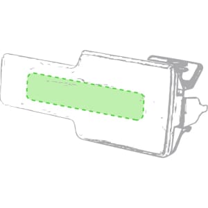 A phone stand in a white and green design, featuring a clip attachment and a branding logo.