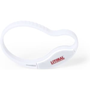 A drink bottle opener in white plastic with a flexible design, featuring a branding logo.