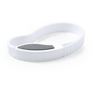 A drink bottle opener in white with a sleek design and a black accent, featuring a branding logo.