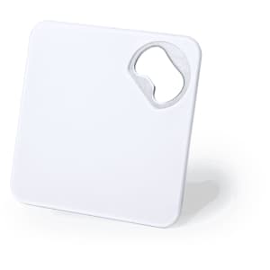 A square white coaster with a bottle opener cut-out in one corner. It features a logo on the surface.